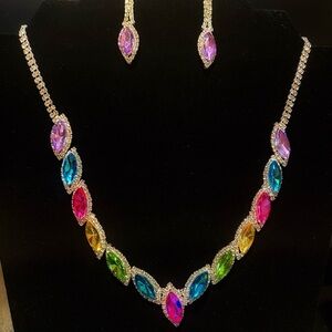 Multicolor Crystal Marquise Necklace & Earring Set - Vibrant Rainbow Stones
